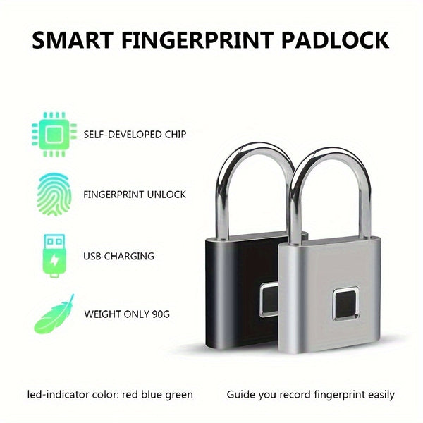 Black Silvery USB Rechargeable Door Smart Lock, Fingerprint Padlock